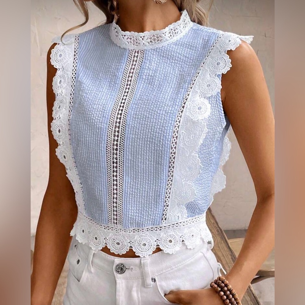 Elegant Blue and White Lace Trim Top